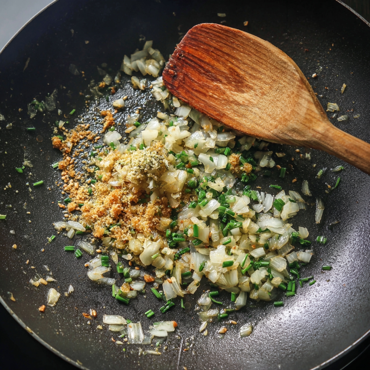 A frying pan with sautéed onions and chopped chives or other herbs, possibly preparing a spice mix for the rice dish.