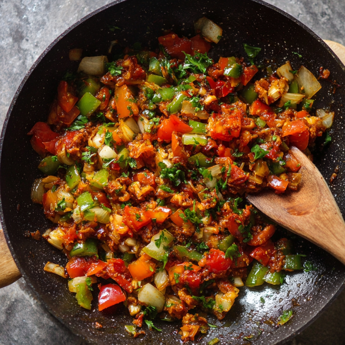A pan with diced tomatoes, green peppers, onions, and herbs, being sautéed to form a flavorful base for the rice.