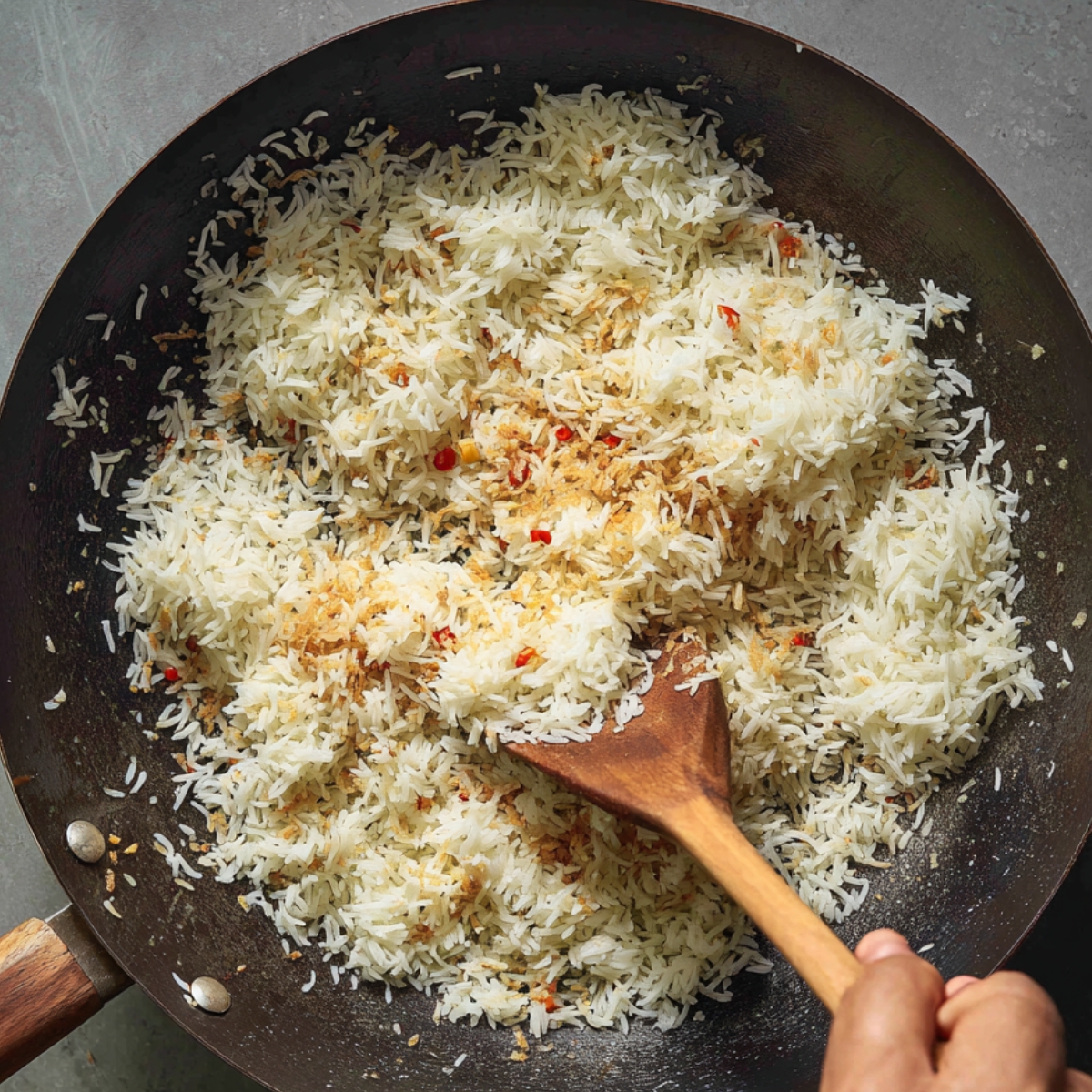 A wok-style pan with rice being stir-fried with what looks like chili flakes or a few spices, with someone stirring it with a wooden spoon.