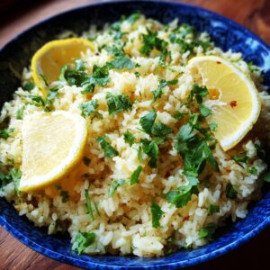 A bowl of rice garnished with cilantro and lemon slices, offering a zesty, herby touch, likely a lemon-coriander rice dish.
