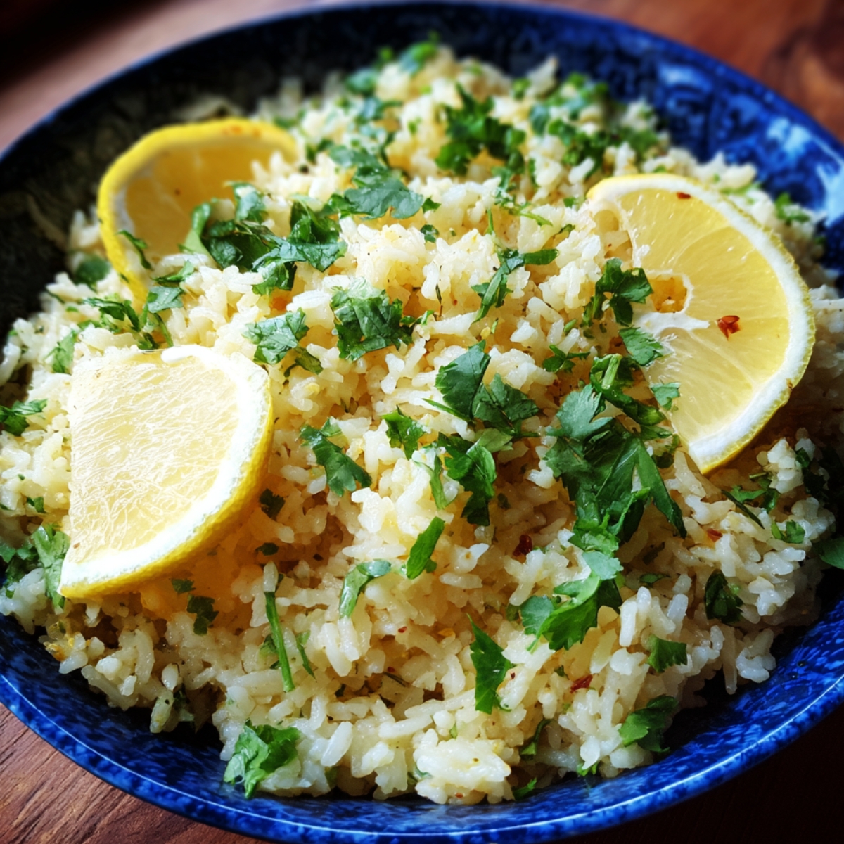 A bowl of rice garnished with cilantro and lemon slices, offering a zesty, herby touch, likely a lemon-coriander rice dish.