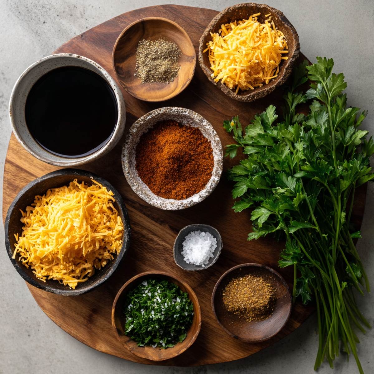 A round wooden board with bowls of shredded cheddar cheese, chili powder, salt, pepper, soy sauce, parsley, and herbs neatly arranged for seasoning.