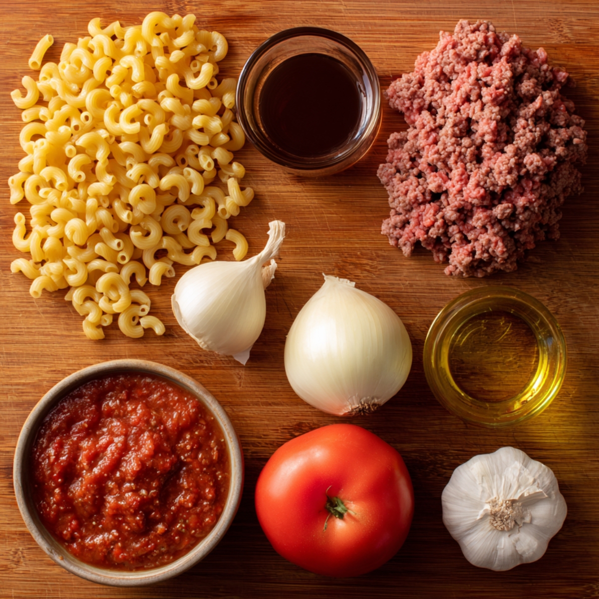 A flat lay of raw ingredients including macaroni, ground beef, onions, garlic, tomato sauce, a fresh tomato, olive oil, and Worcestershire sauce on a wooden surface.