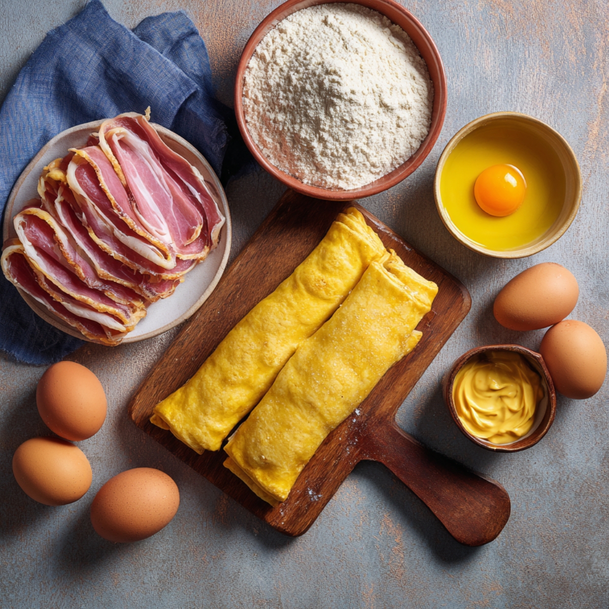 A person wraps the beef, prosciutto, and mustard in puff pastry as part of the preparation for Beef Wellington.