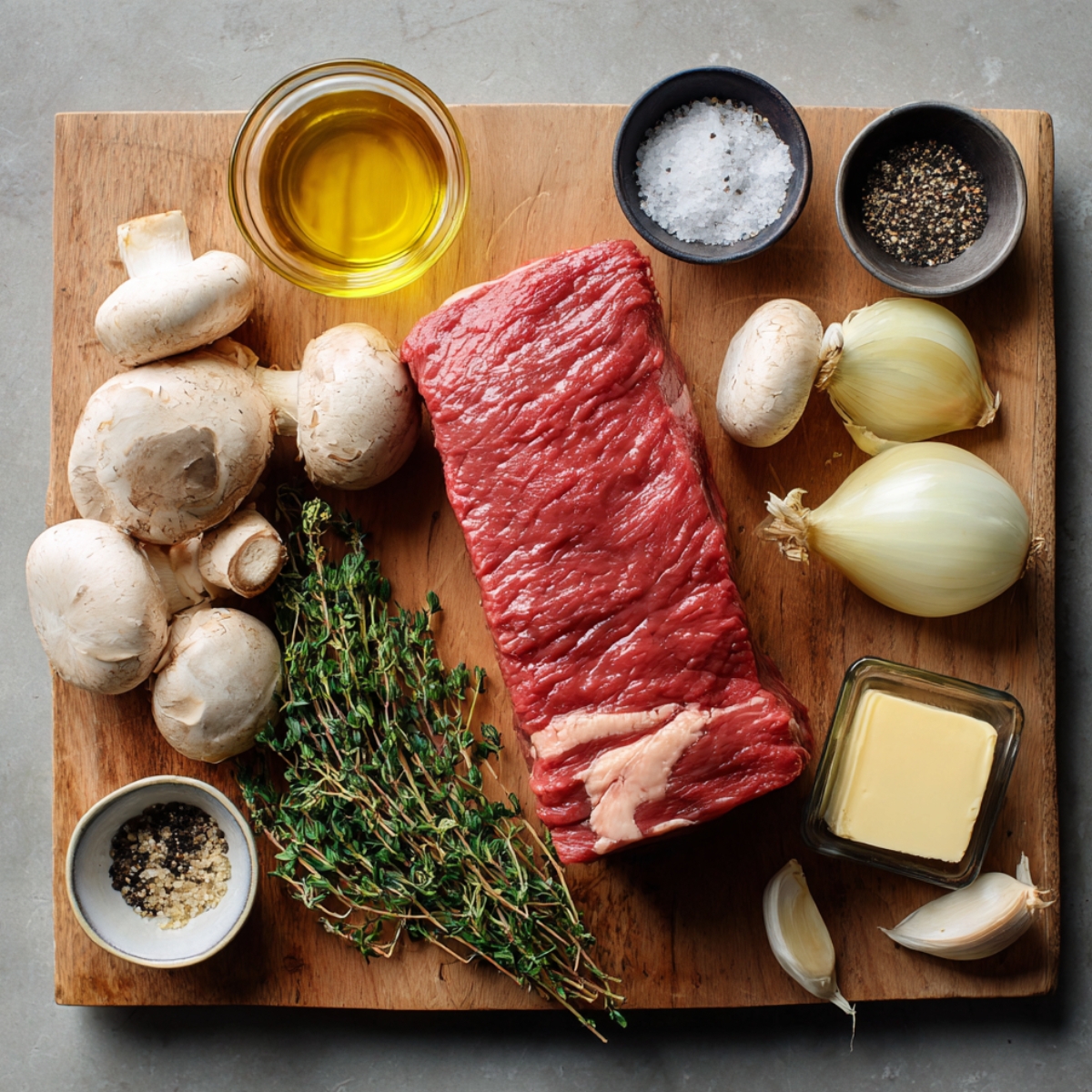 A raw beef tenderloin is shown with ingredients like salt, pepper, and olive oil, prepared to be cooked for Beef Wellington.