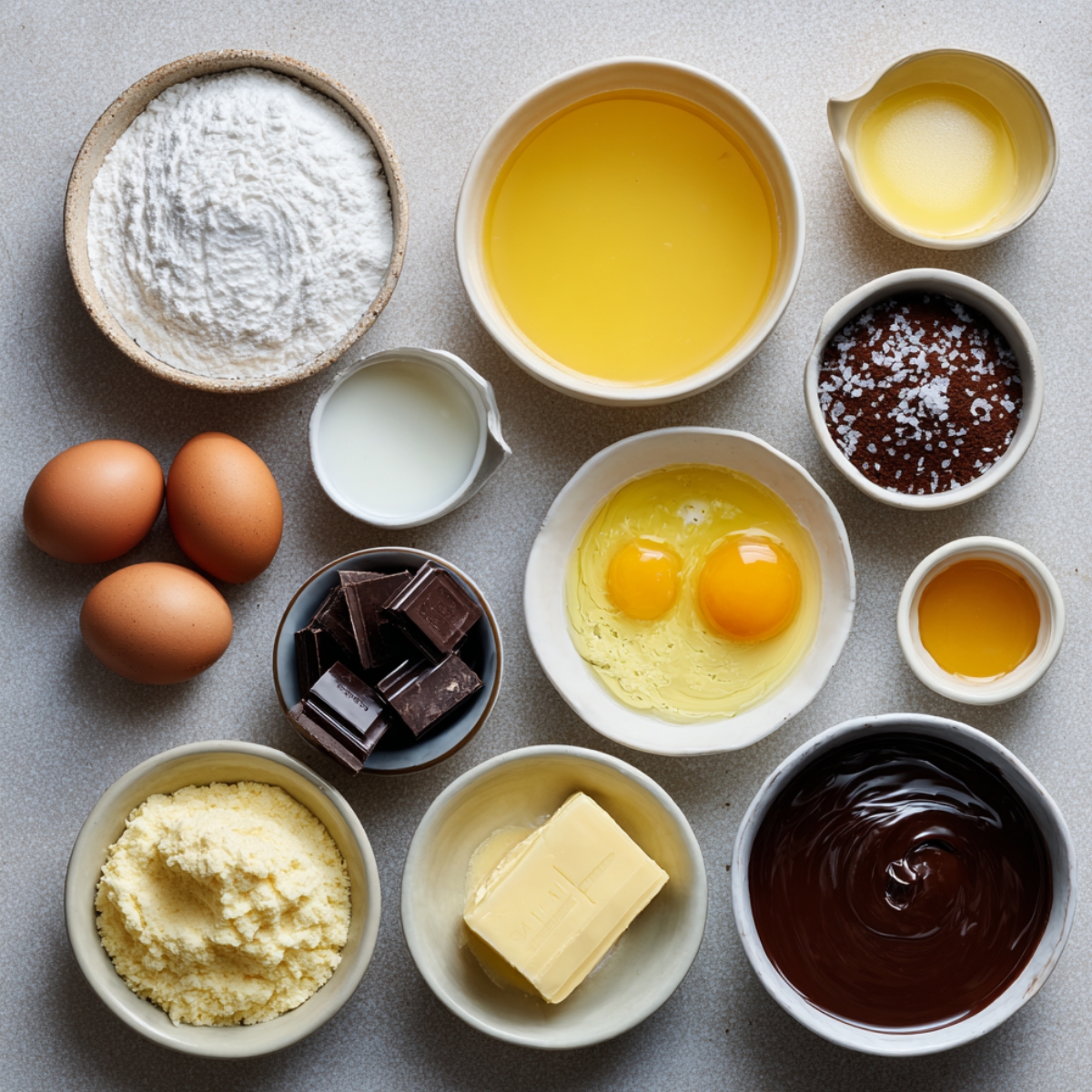 An overhead shot of baking ingredients for cupcakes, including flour, butter, eggs, melted chocolate, sugar, and milk in small bowls.