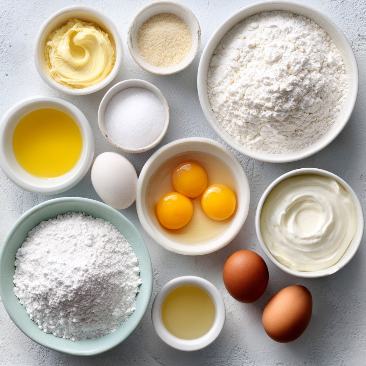 Assorted cupcake ingredients arranged neatly, such as flour, butter, sugar, eggs, egg yolks, yogurt, and oil on a light background.