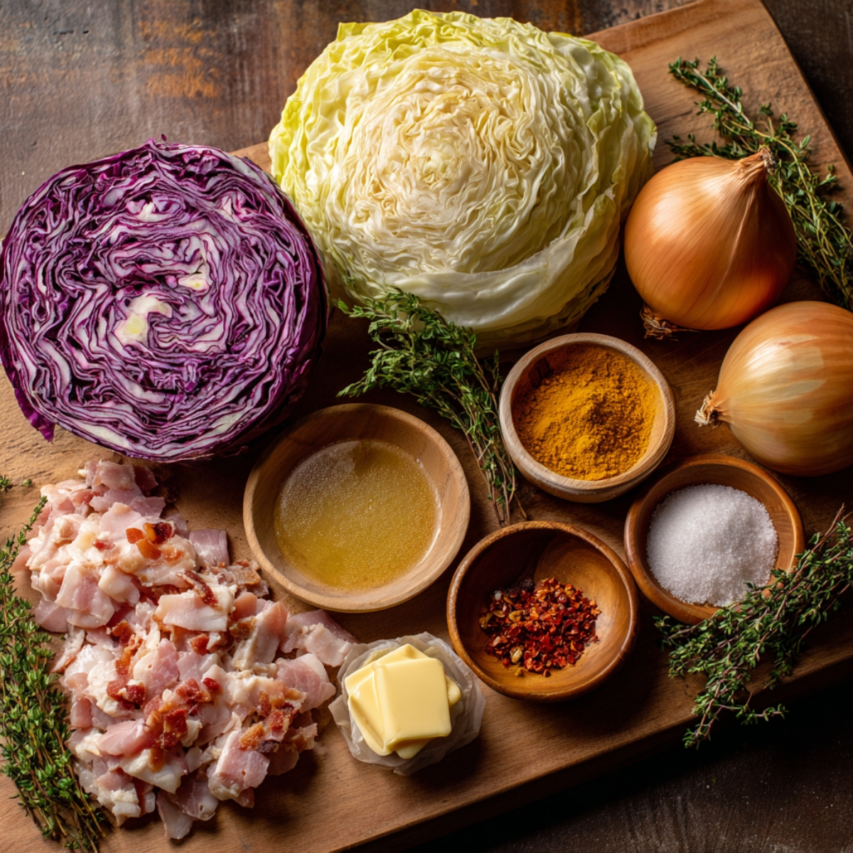 Fresh ingredients for braised cabbage: whole heads of green and red cabbage, onions, thyme, diced bacon, butter, broth, spices, salt, and chili flakes.