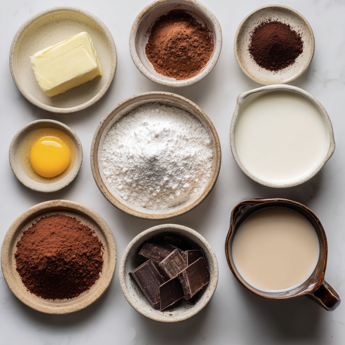 Overhead view of brownie frosting ingredients — butter, cocoa powder, powdered sugar, chocolate pieces, milk, and an egg yolk arranged in ceramic bowls.