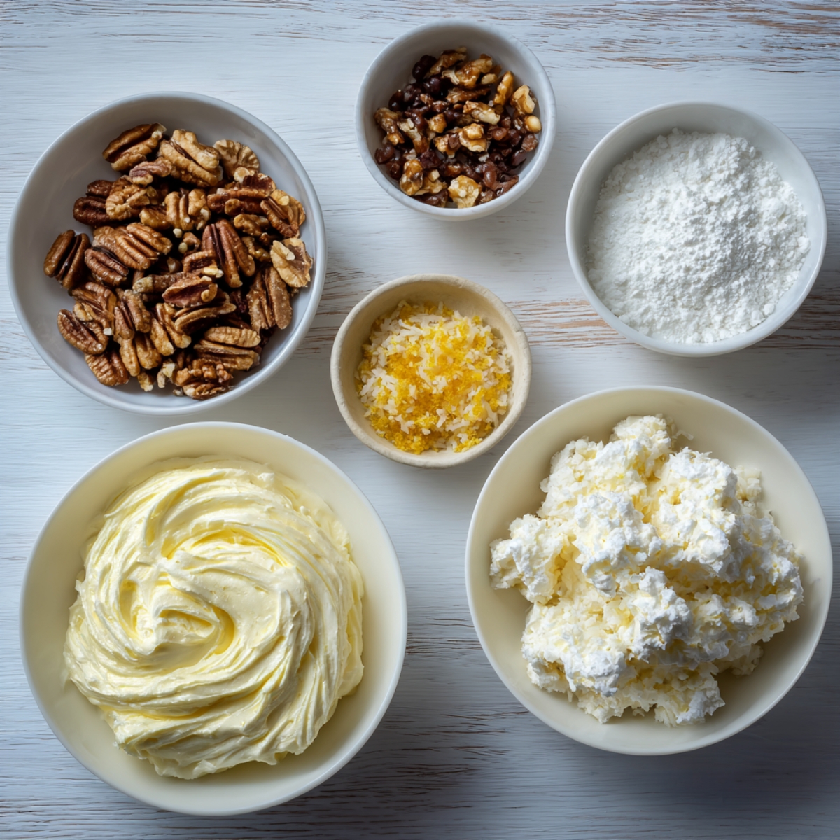 Optional mix-ins and toppings: Small bowls with walnuts, pecans, shredded coconut, lemon zest, powdered sugar, and whipped cream.