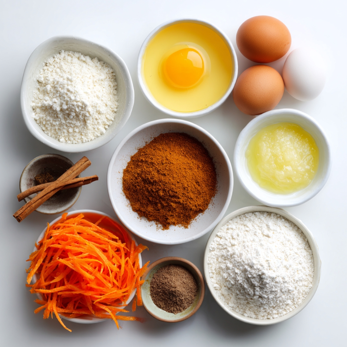 Base ingredients for the recipe: Small bowls containing flour, eggs, grated carrots, ground spices (cinnamon and nutmeg), vegetable oil, and brown sugar.
