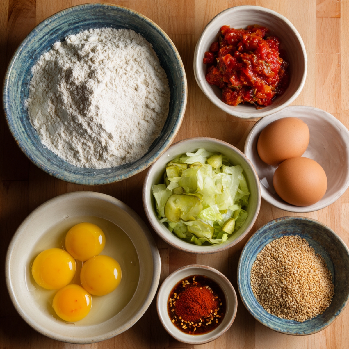 Topping ingredients: Bowls of eggs, flour, lettuce, pickles, seasoning, and tomato mixture prepared for the topping layer.