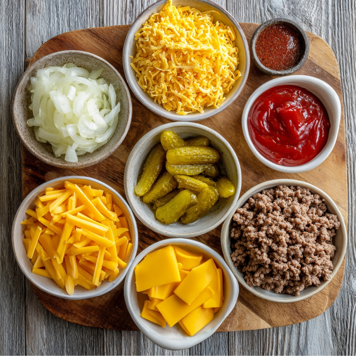 Meat base ingredients: Small bowls with ground beef, sliced onions, pickles, ketchup, mustard, and both shredded and sliced cheese.