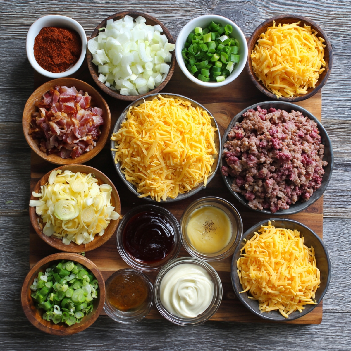Overhead view of various ingredients in small bowls — ground beef, bacon, shredded cheese, chopped onions, green onions, sauces, and seasonings neatly arranged on a wooden surface.