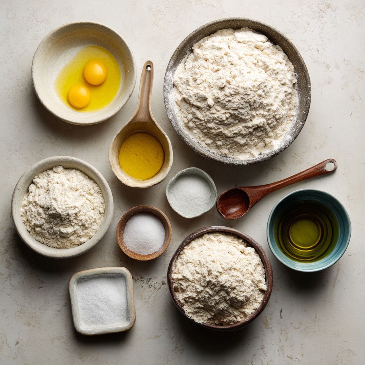 Ingredients for the dough base, including warm water, yeast, and flour.