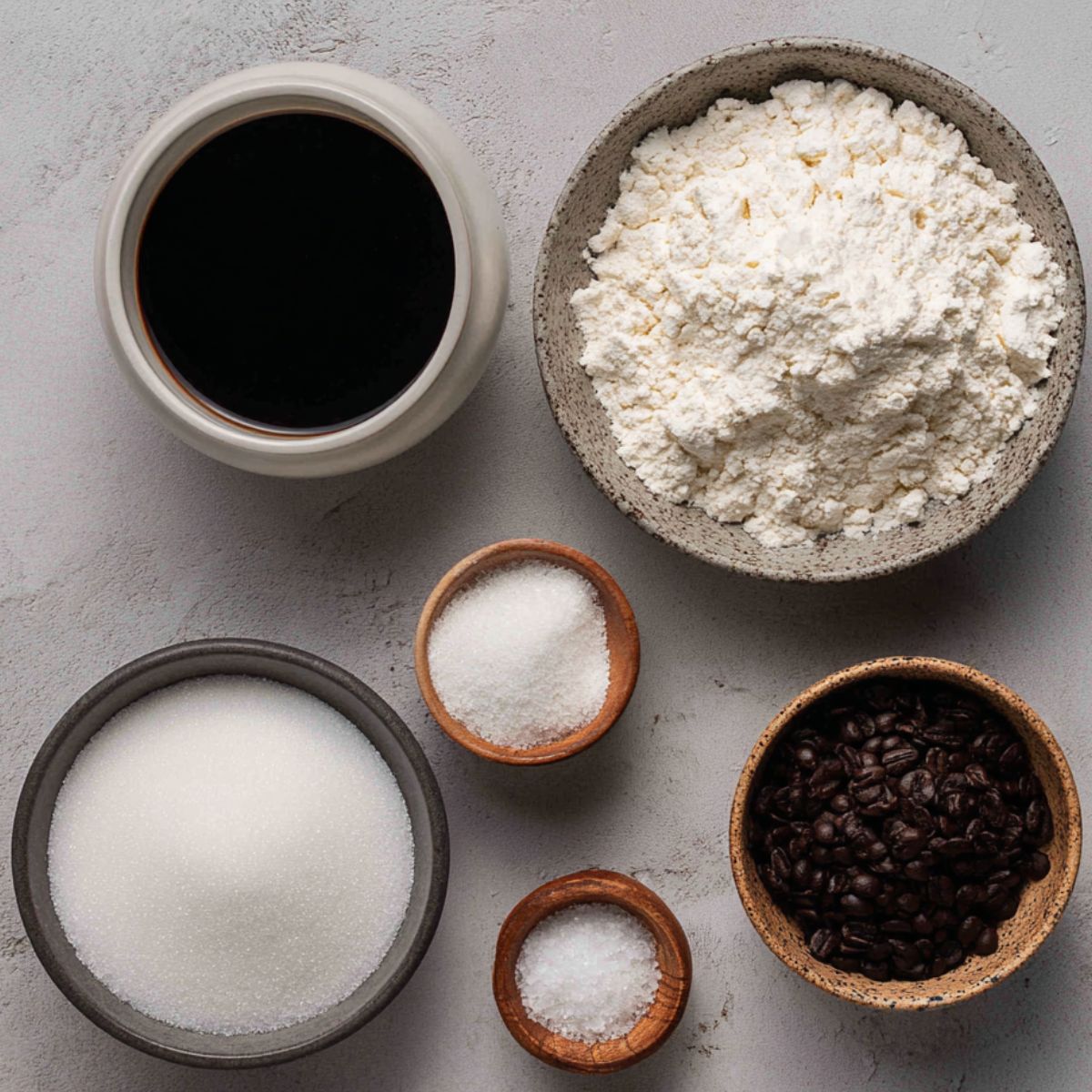 Bowls of ingredients such as coffee, flour, sugar, and coffee beans are arranged on a grey countertop.