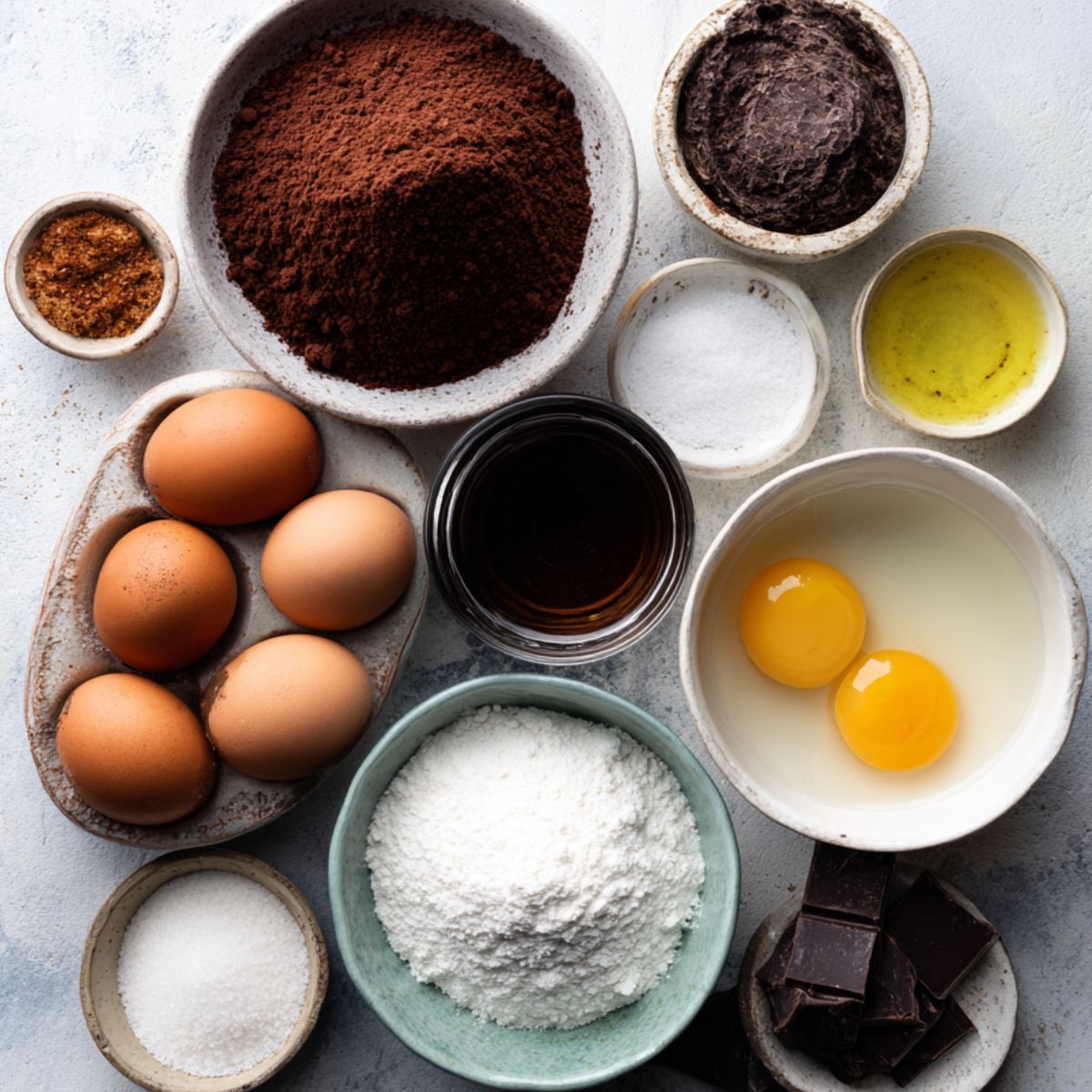 Various ingredients for baking, including eggs, cocoa powder, vanilla extract, and flour, arranged on a light blue countertop.