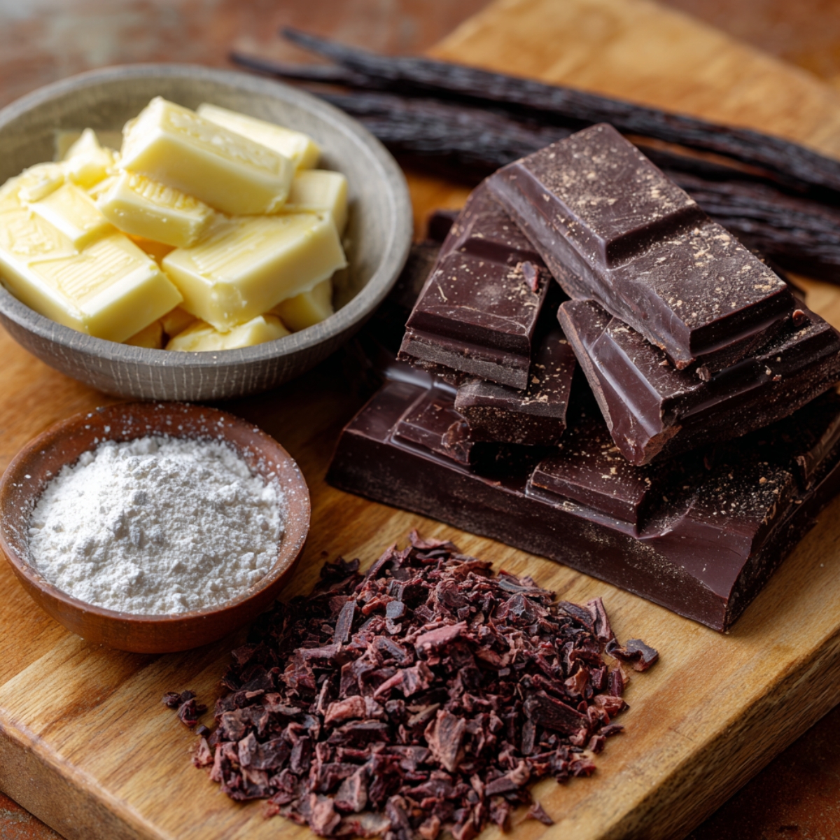 Assortment of chocolate-making ingredients on a wooden board — dark chocolate, white chocolate chunks, cocoa nibs, flour, and vanilla beans.