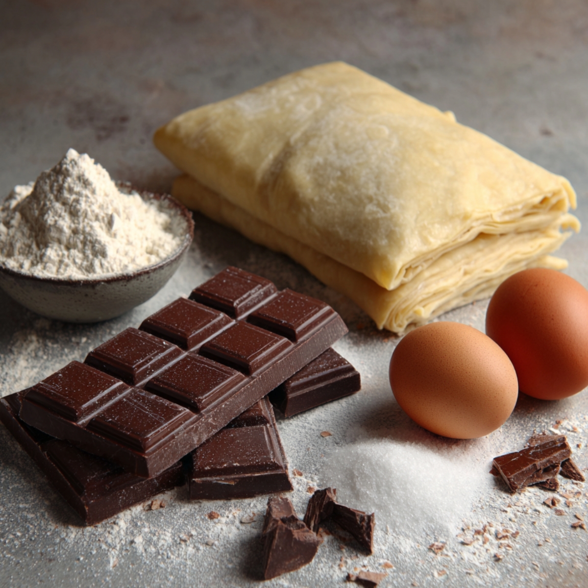 Chocolate croissant ingredients — puff pastry dough, dark chocolate bars, eggs, flour, and sugar arranged neatly on a floured surface.