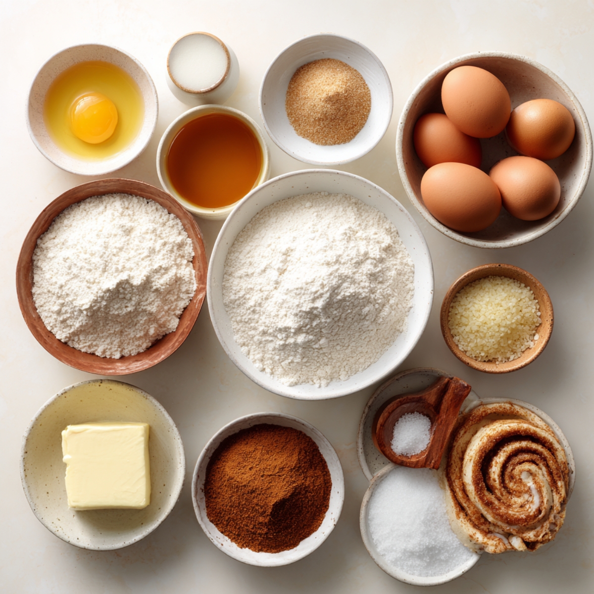 A top-down arrangement of baking essentials for the cinnamon swirl bread: eggs, flour, butter, brown sugar, cinnamon, salt, and vanilla extract. A single cinnamon roll sits among the bowls as a playful nod to the recipe’s flavor inspiration. The image is bright, clean, and inviting, ready for baking enthusiasts.