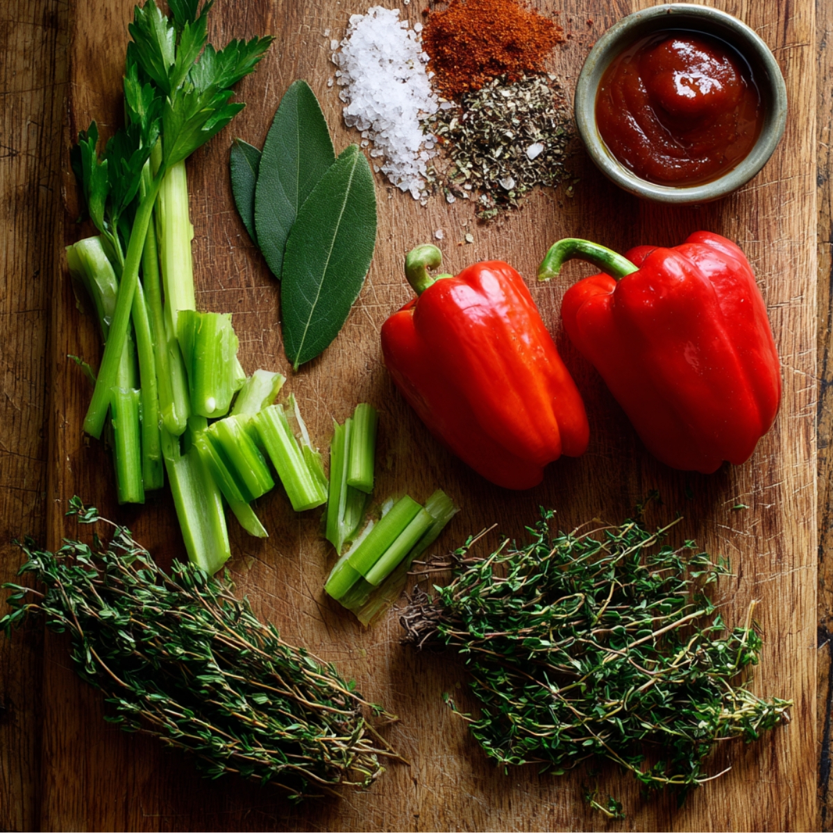 Fresh herbs and spices on a wooden cutting board, including thyme, parsley, celery, bay leaves, red bell peppers, salt, black pepper, paprika, and tomato paste.
