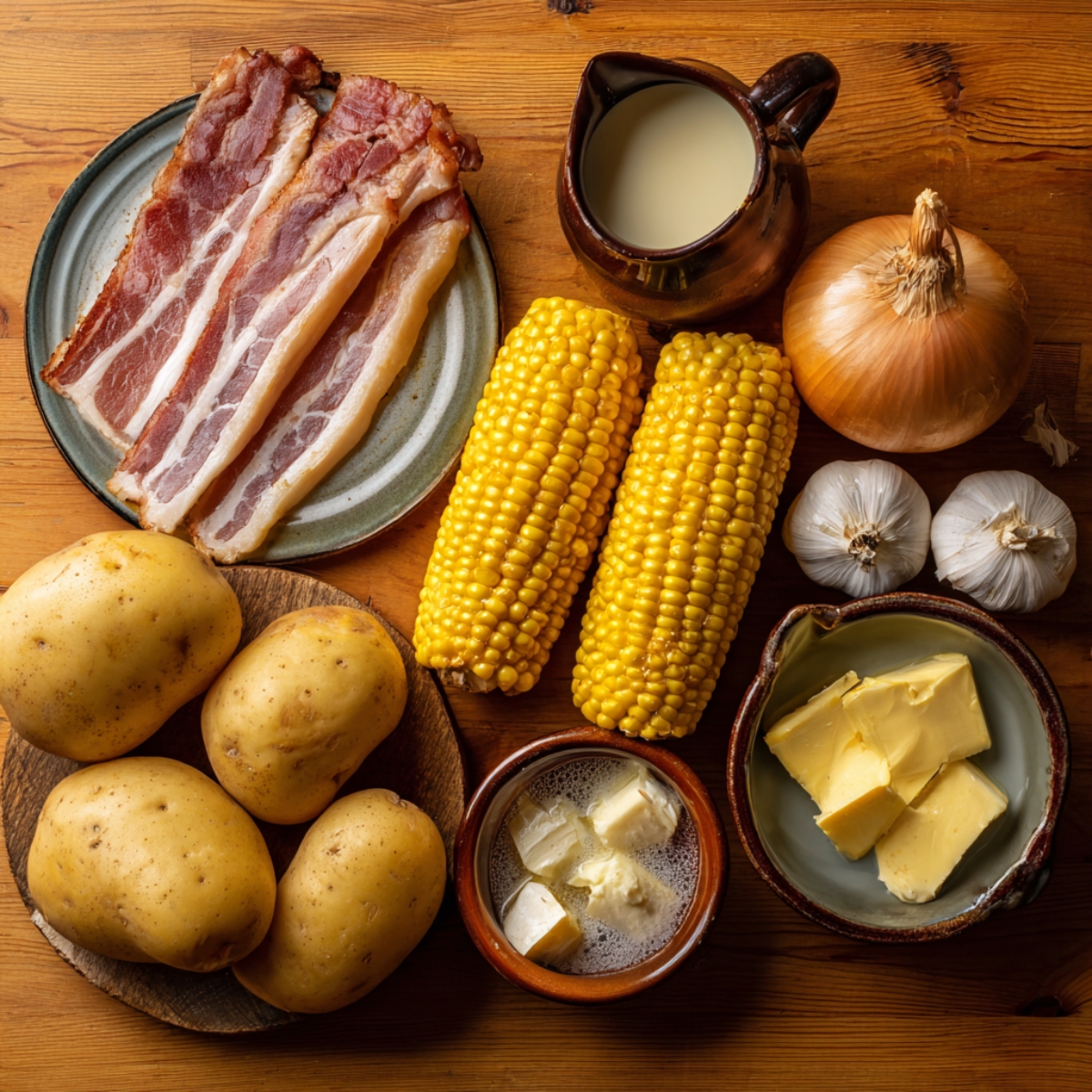 Ingredients for corn chowder arranged on a wooden table: fresh corn on the cob, potatoes, onion, garlic, butter, milk, and raw bacon strips.