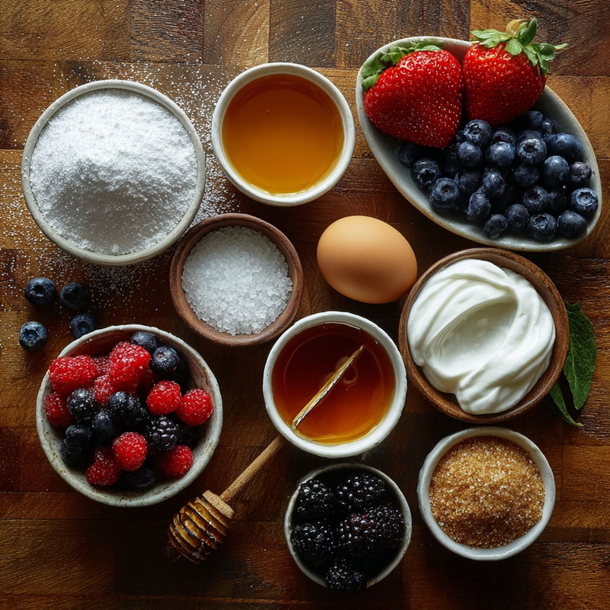 A flat lay of ingredients for crème brûlée French toast including fresh berries, powdered sugar, honey, yogurt, an egg, and brown sugar arranged beautifully on a rustic wooden table.