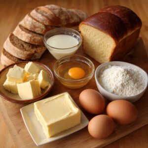 A wooden board with the main ingredients for crème brûlée French toast: sliced brioche and rustic bread, butter, eggs, flour, and cream in small bowls — all ready for preparation.