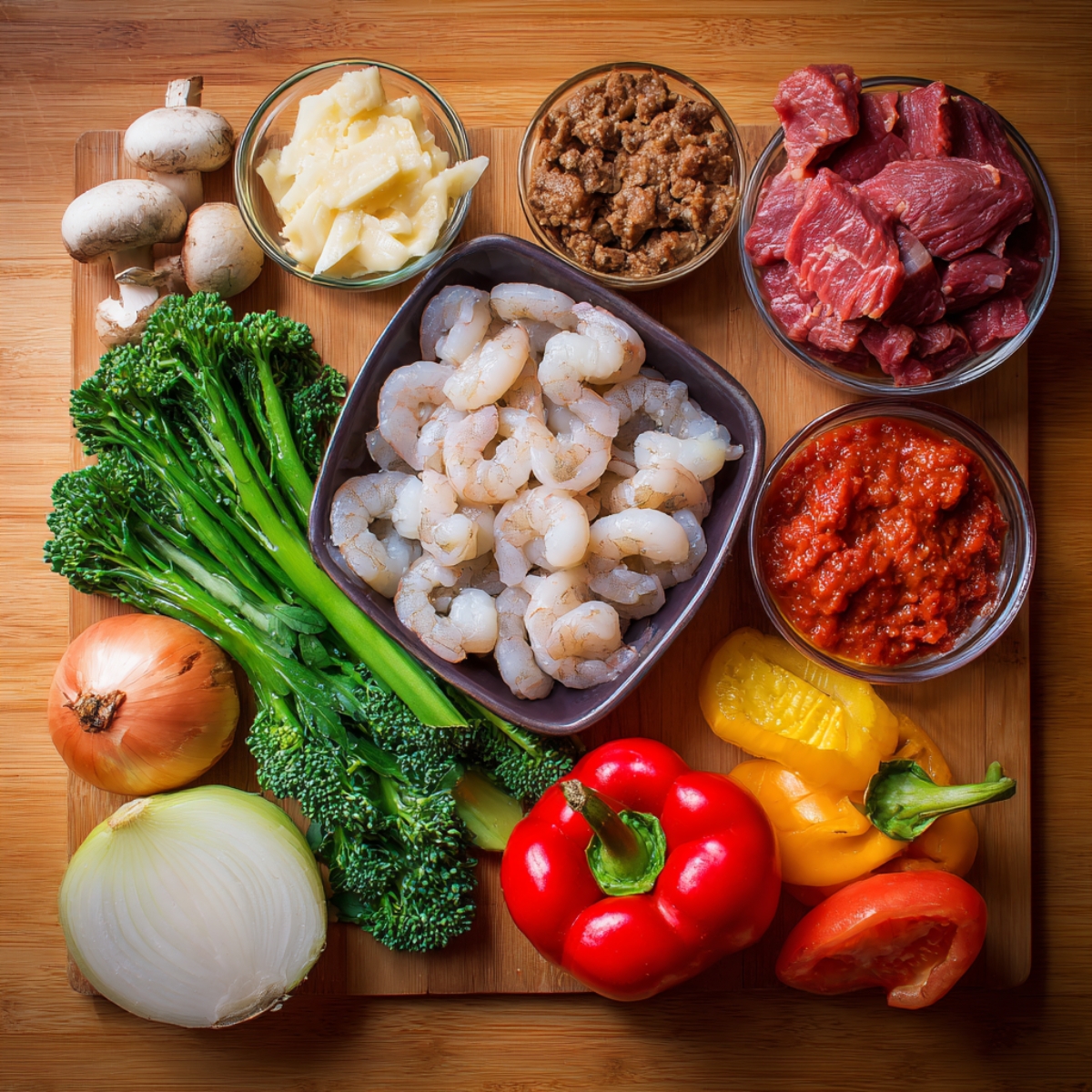 Various protein options like chicken, shrimp, pork, beef, and tofu, ready to be chosen for cooking