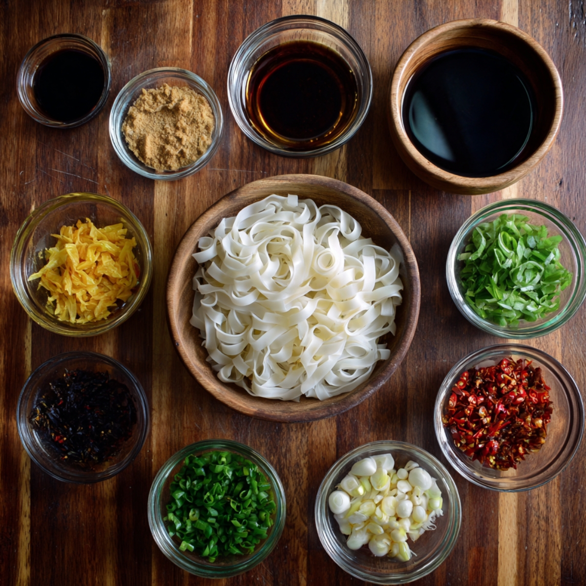 Ingredients for making drunken noodles: wide rice noodles, Thai basil, garlic, and other seasonings.