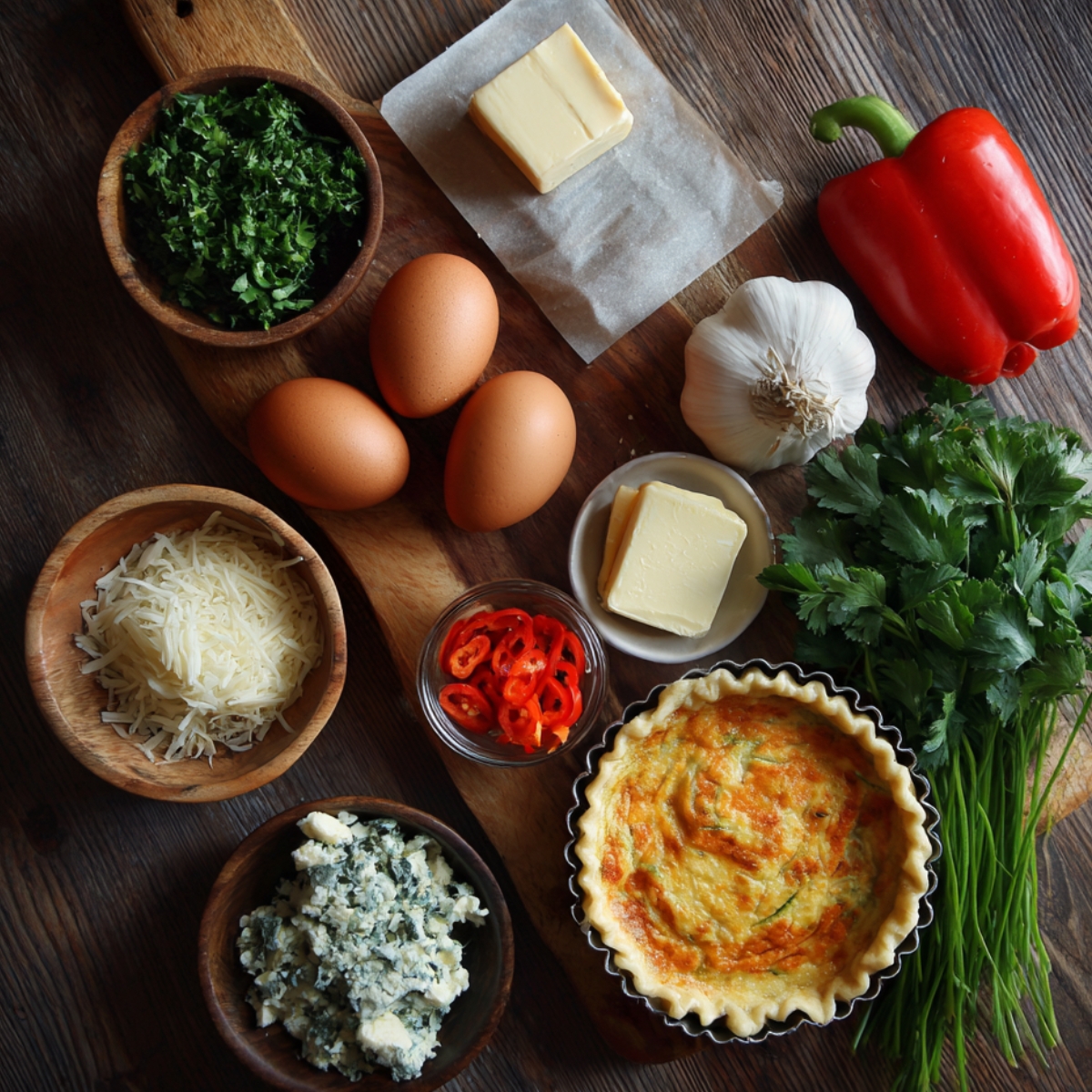 Rustic kitchen setup with ingredients for a shrimp quiche or pie, including eggs, cheese, butter, herbs, garlic, and red pepper.