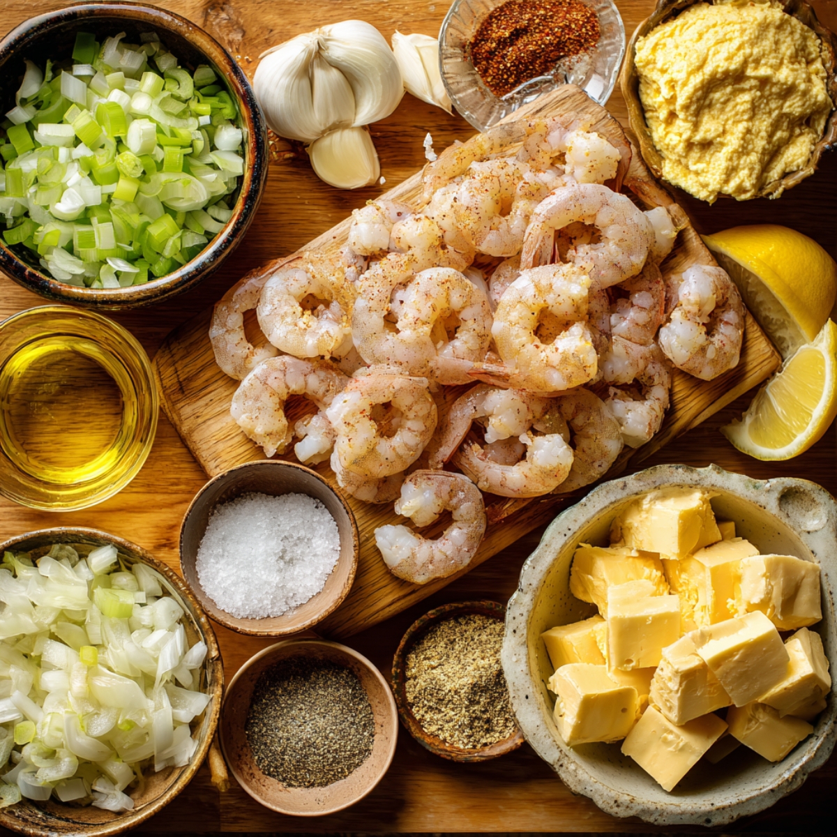 Top-down view of shrimp pie ingredients featuring raw shrimp, butter cubes, garlic, chopped onions, green peppers, lemon, and seasoning.