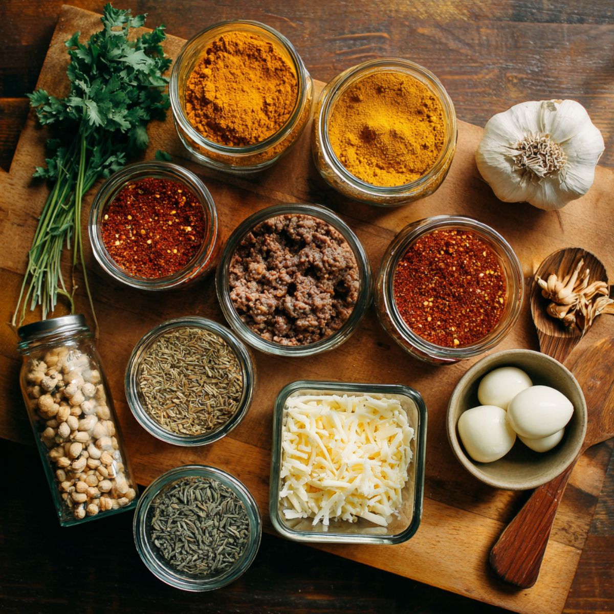 A variety of spices and ingredients laid out on a wooden board, including turmeric, chili flakes, garlic, coriander, cumin, and ground meat.