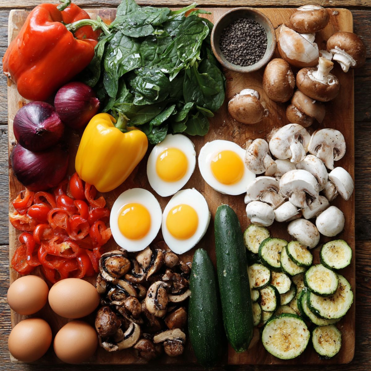A collection of fresh vegetables including bell peppers, spinach, zucchini, mushrooms, and tomatoes, along with some eggs and herbs on a wooden cutting board.