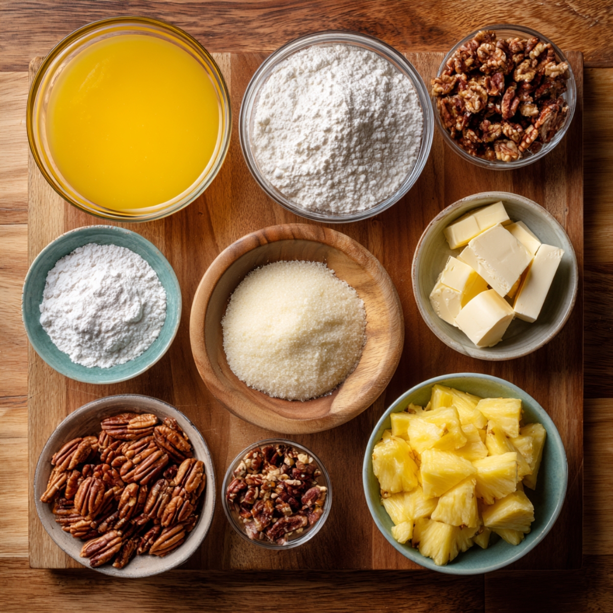 A wooden board arranged with ingredients for baking, including melted butter, flour, sugar, and chopped pecans, alongside pineapple chunks and other key elements for a delicious dessert.