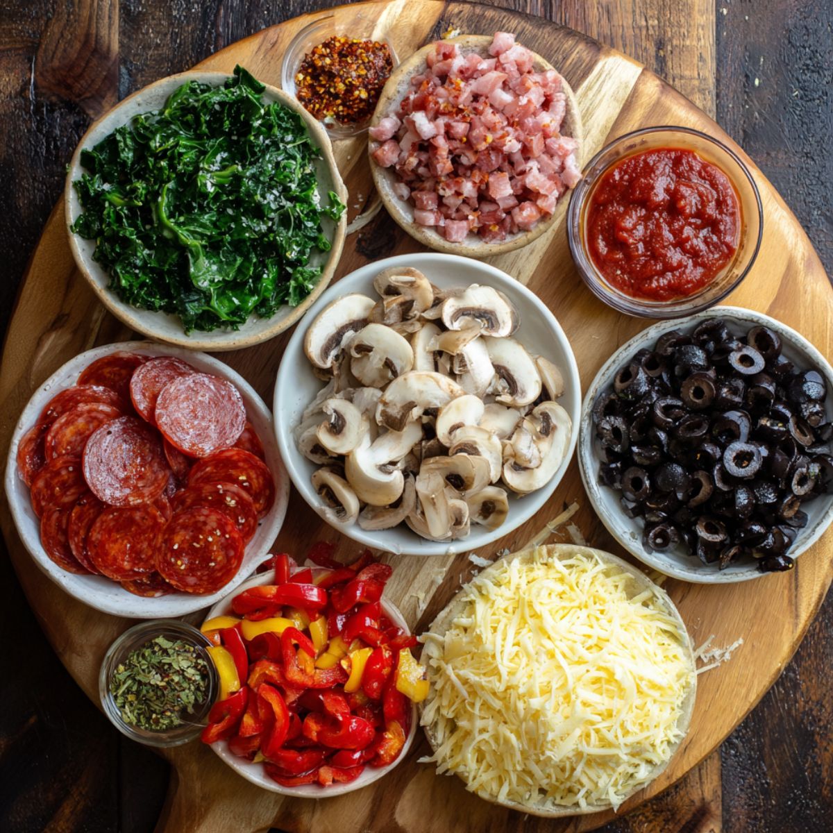 A variety of pizza toppings spread out in bowls on a wooden surface, including pepperoni slices, cooked Italian sausage, diced ham, mushrooms, red and yellow bell peppers, mozzarella cheese, and other seasonings.