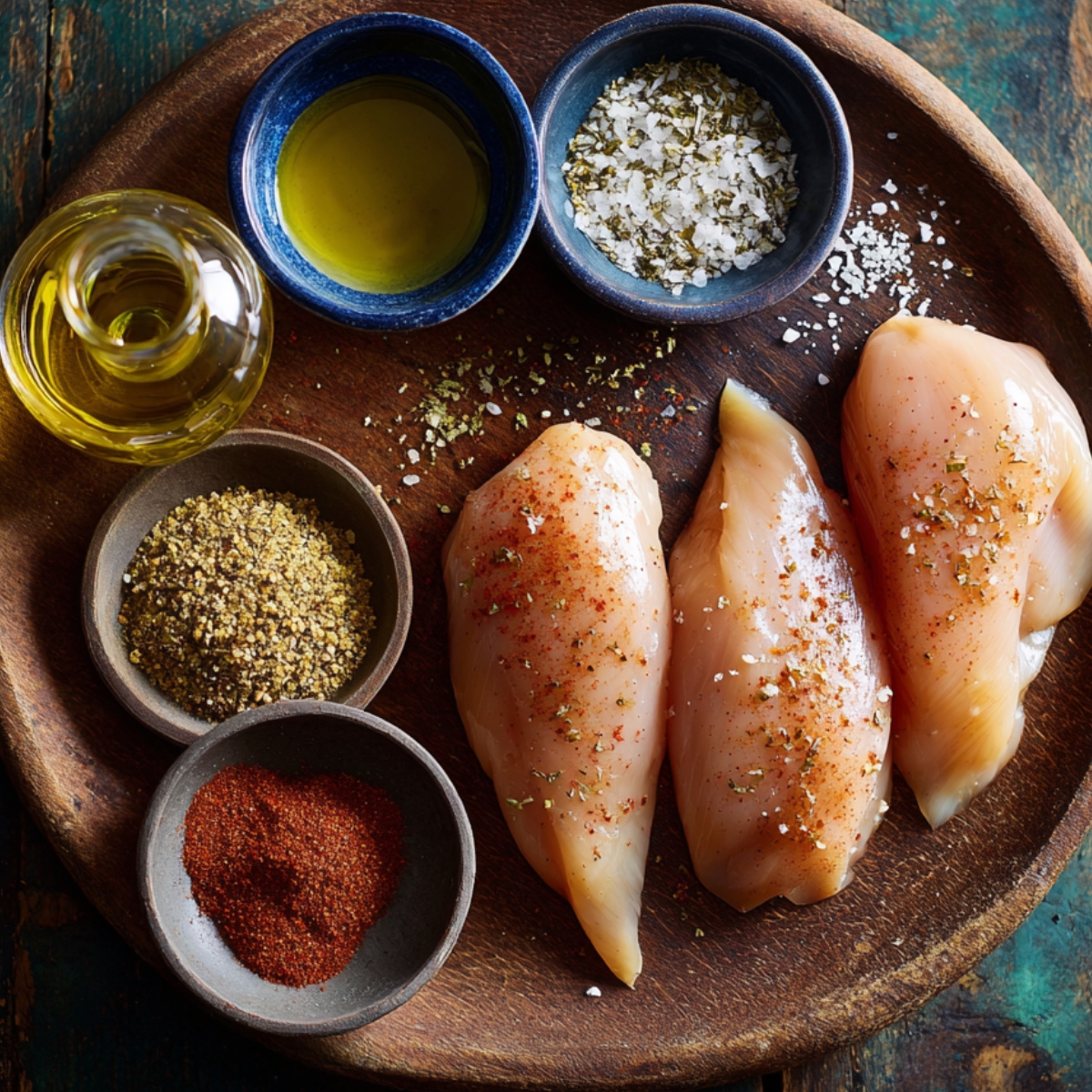 Fresh chicken breasts seasoned with herbs, paprika, pepper, and salt, arranged with olive oil on a rustic wooden plate.