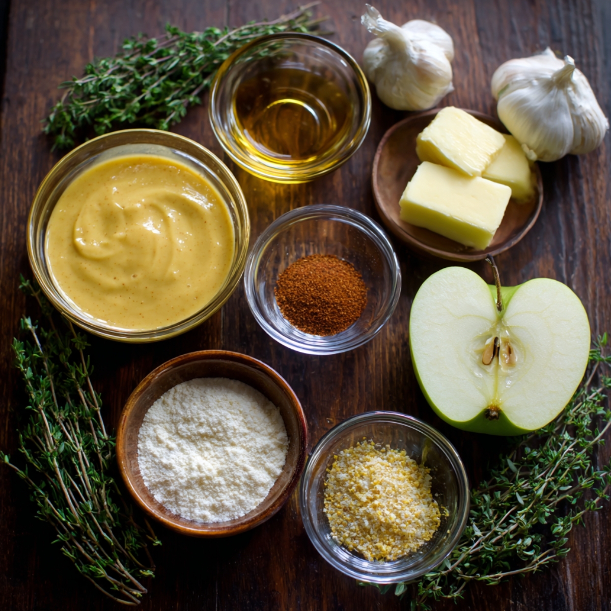 Fresh chicken breasts seasoned with herbs, paprika, pepper, and salt, arranged with olive oil on a rustic wooden plate.