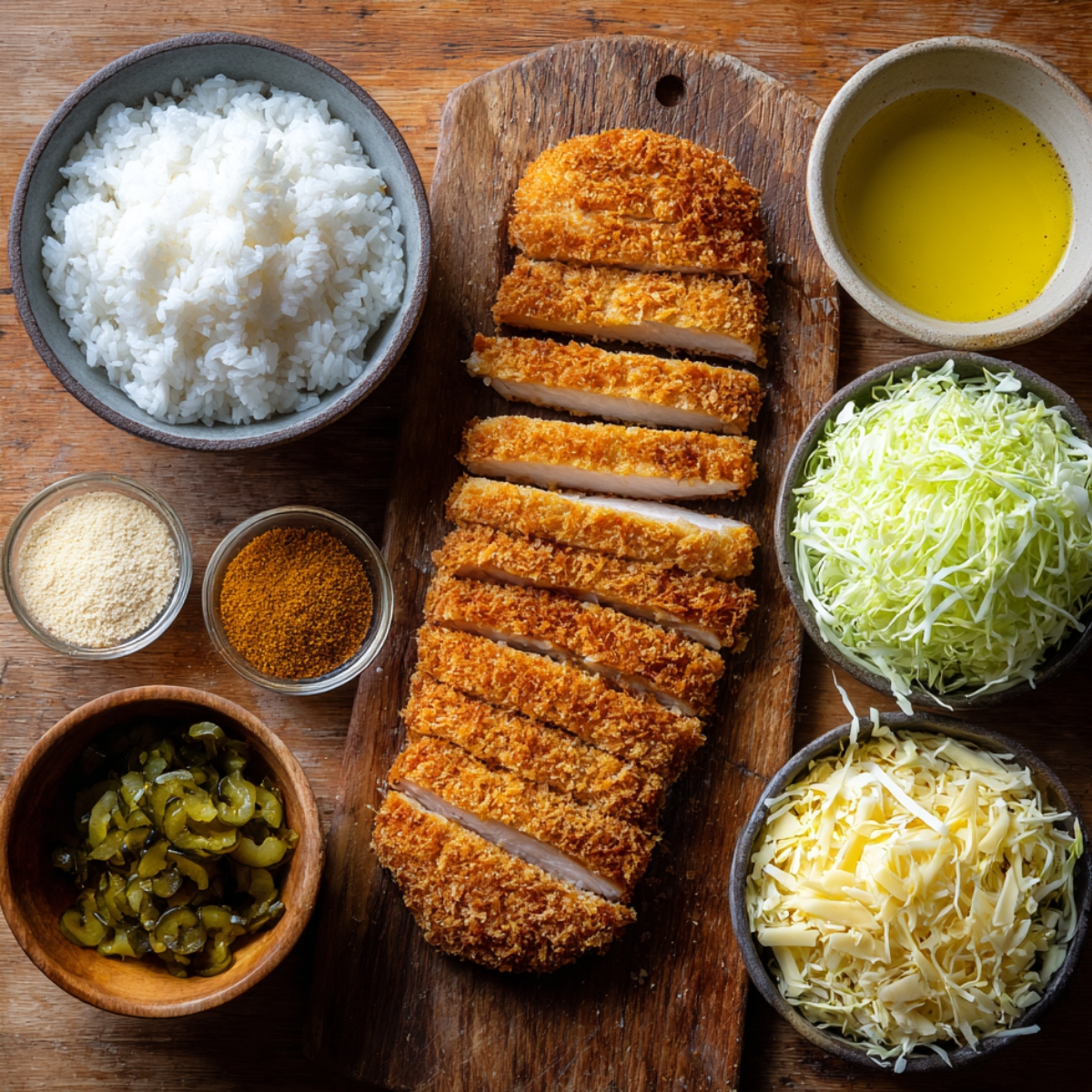Ingredients for chicken katsu laid out neatly: cooked rice, shredded cabbage, fried chicken cutlet slices, pickles, cheese, breadcrumbs, curry powder, and oil on a wooden table.