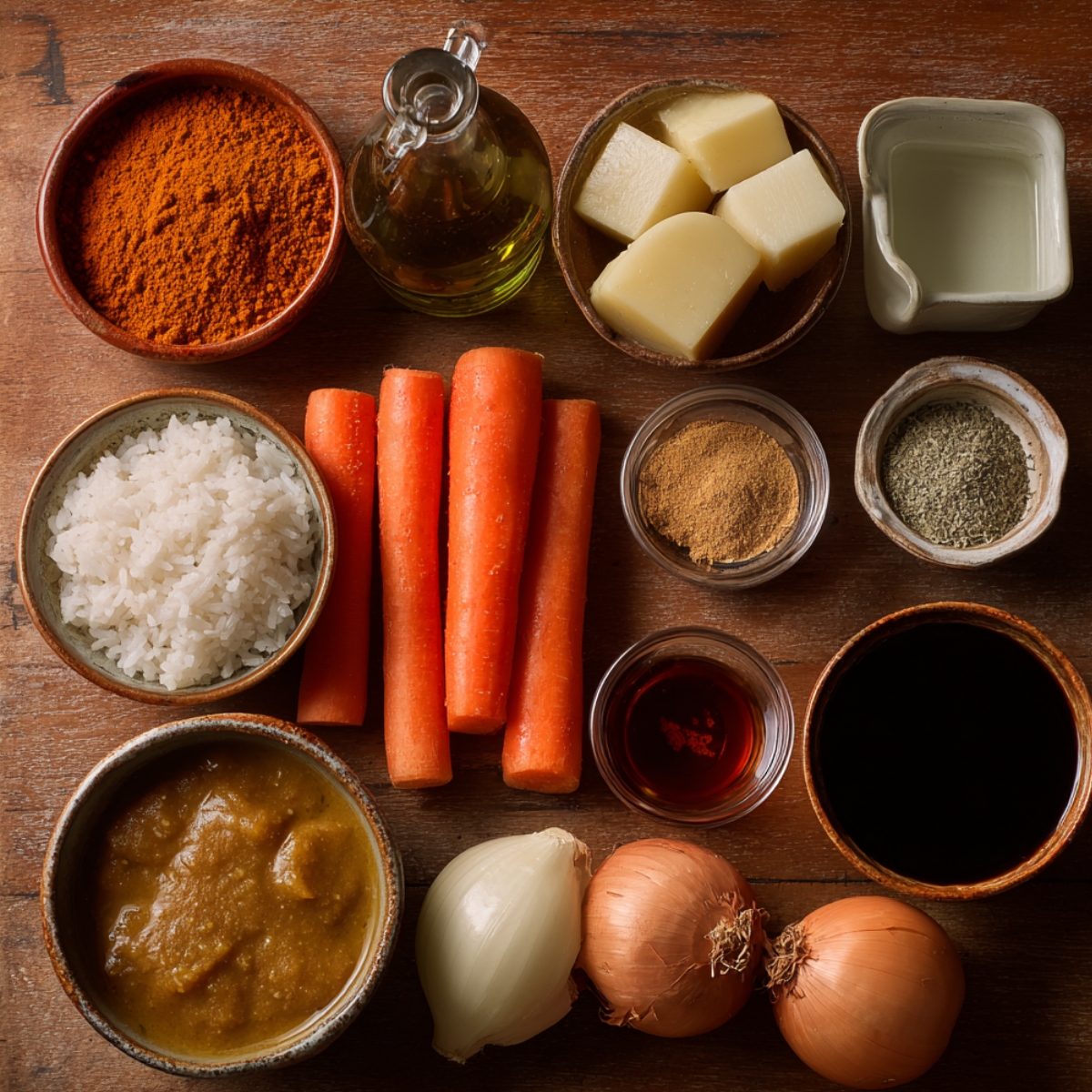 Close-up of curry ingredients including carrots, onions, curry roux cubes, rice, seasonings, soy sauce, oil, and spices, neatly arranged in small bowls on a wooden surface.