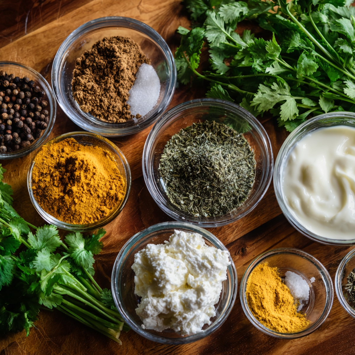 A set of spices, including whole garam masala, ground spices, and Kasuri methi, prepared for adding to a curry.