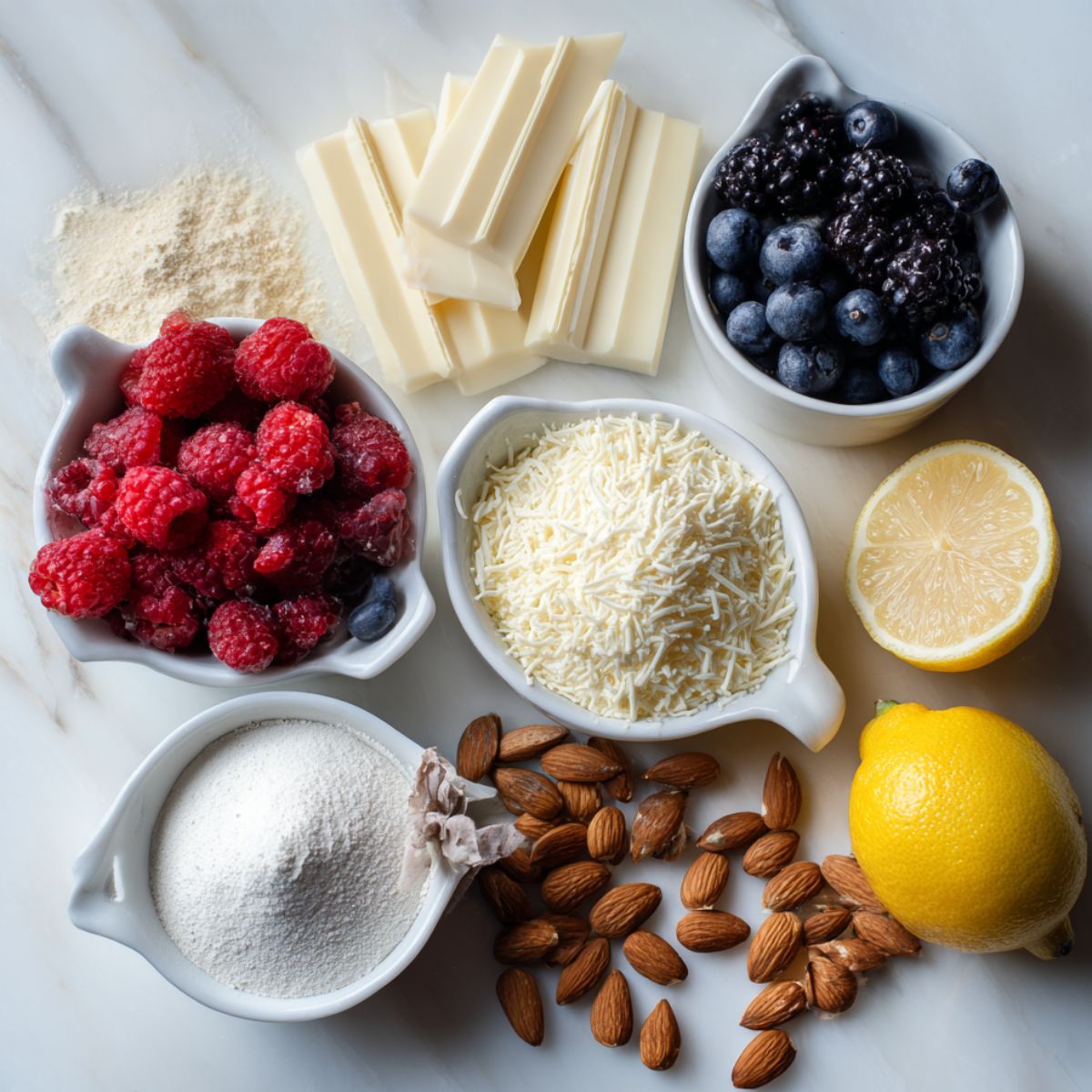A variety of ingredients laid out for baking, including raspberries, blueberries, white chocolate, shredded cheese, flour, almonds, lemon, and powdered ingredients, all arranged in small bowls on a marble surface.