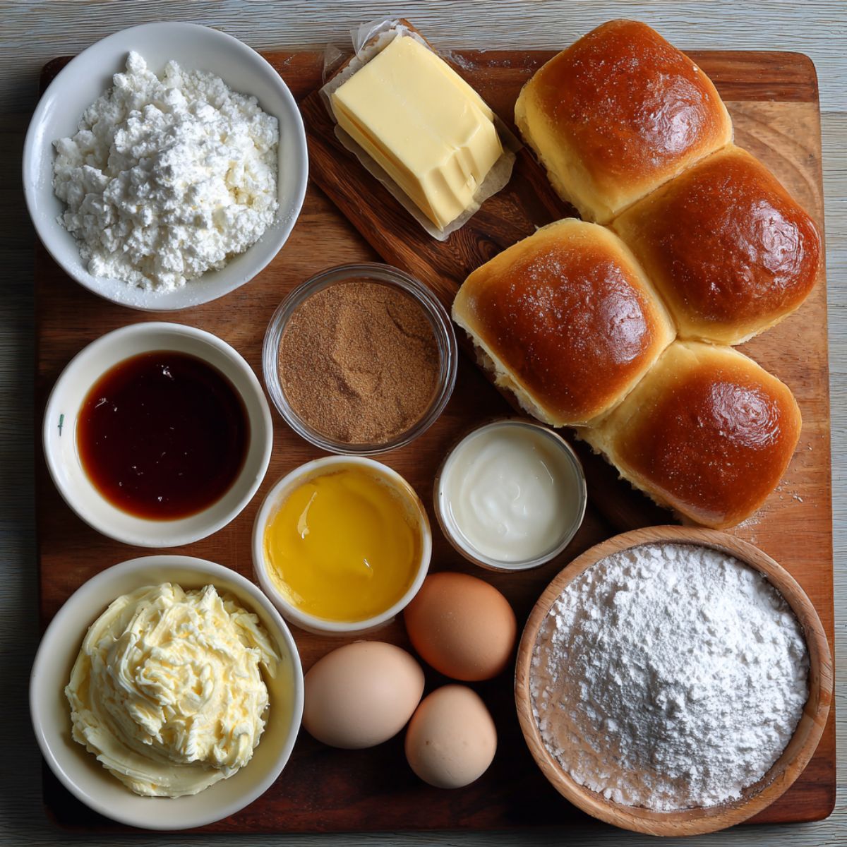 A wooden board with ingredients for baking: powdered sugar, butter, cinnamon, eggs, vanilla extract, and sweet rolls, neatly arranged for a recipe.