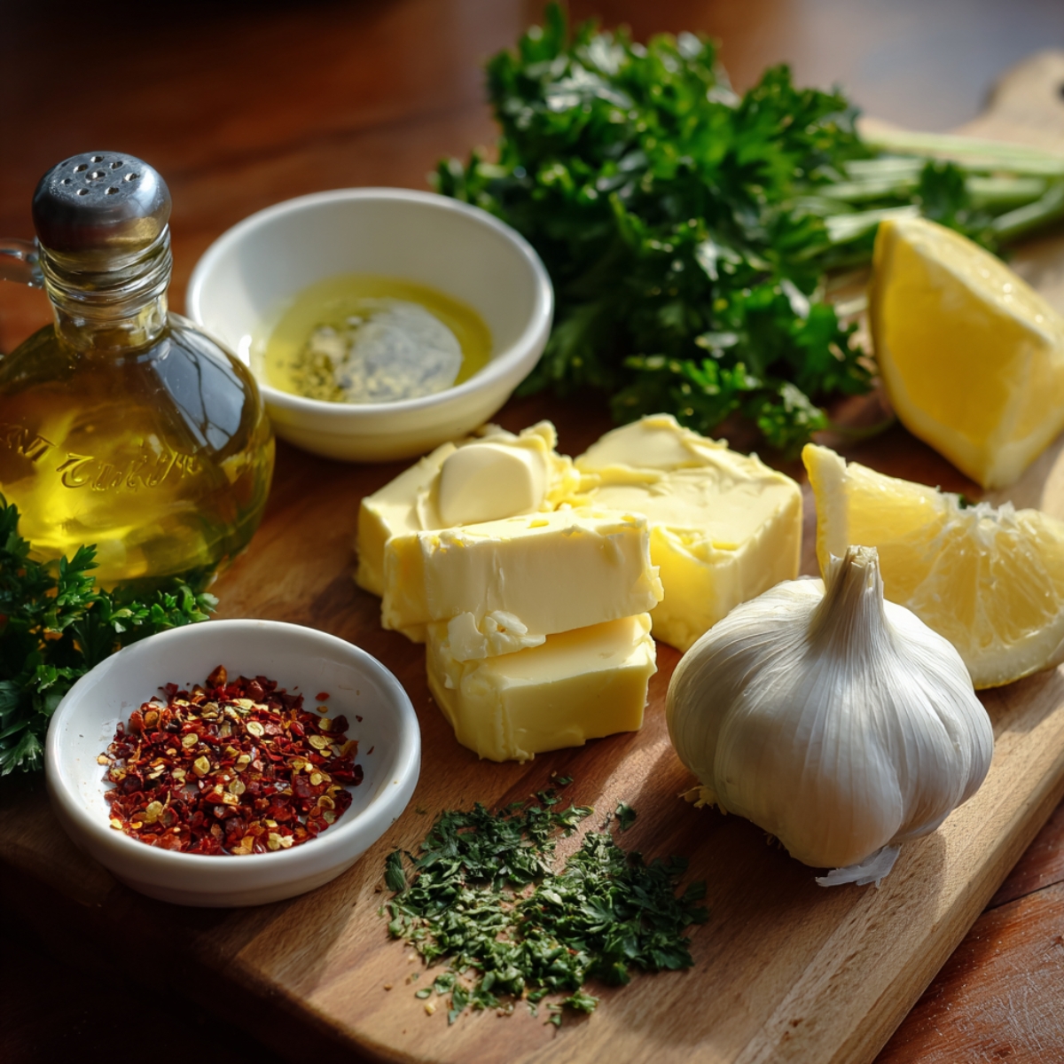 Ingredients for the sauce: cubed butter, olive oil, garlic, fresh parsley, lemon wedges, and dried herbs on a wooden board.
