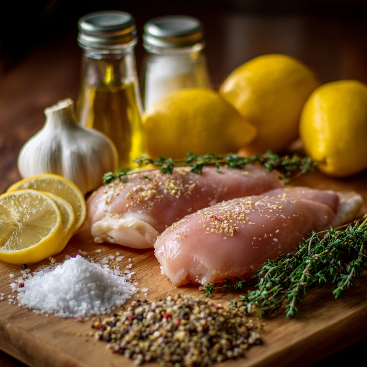 Recipe ingredients: raw chicken breasts with lemon slices, garlic, thyme, salt, pepper, and olive oil on a wooden board.