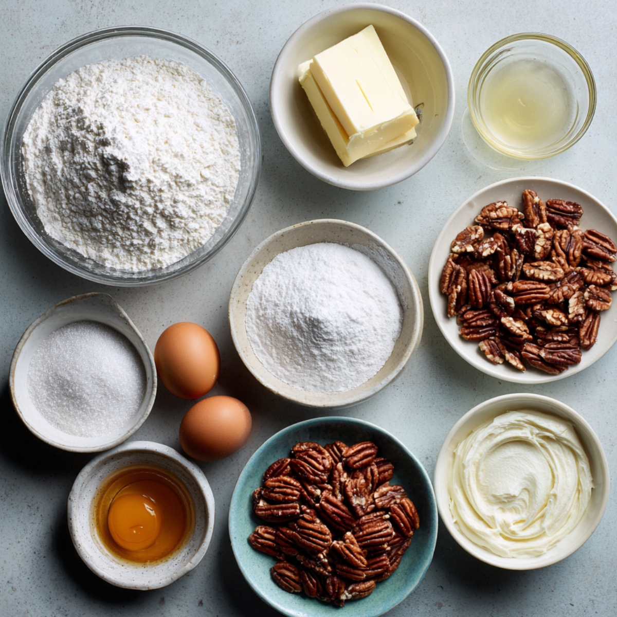 A neatly arranged set of baking ingredients in small bowls on a gray countertop: flour, butter, granulated sugar, powdered sugar, cream cheese, eggs, pecans, and honey. Each ingredient is clearly visible, illustrating the rich, indulgent base of the Neiman Marcus cake.