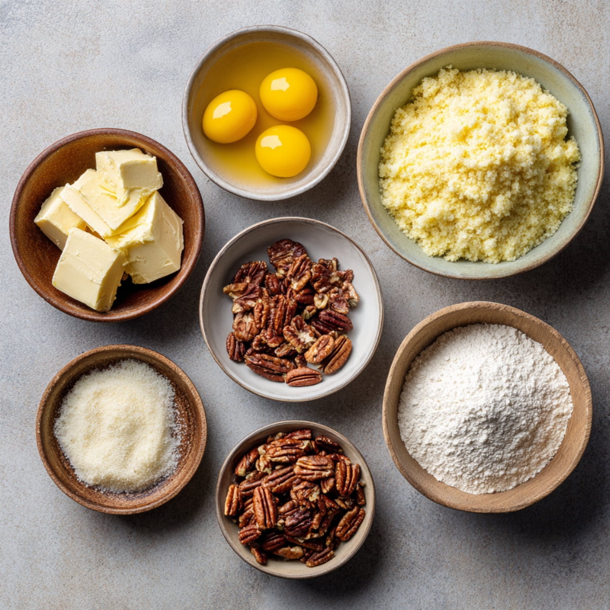 An artfully styled display of baking ingredients including butter cubes, egg yolks, chopped pecans, almond flour, and white flour. The scene evokes a cozy home kitchen, ready for mixing the buttery crust and creamy filling of a Southern-style Neiman Marcus cake.