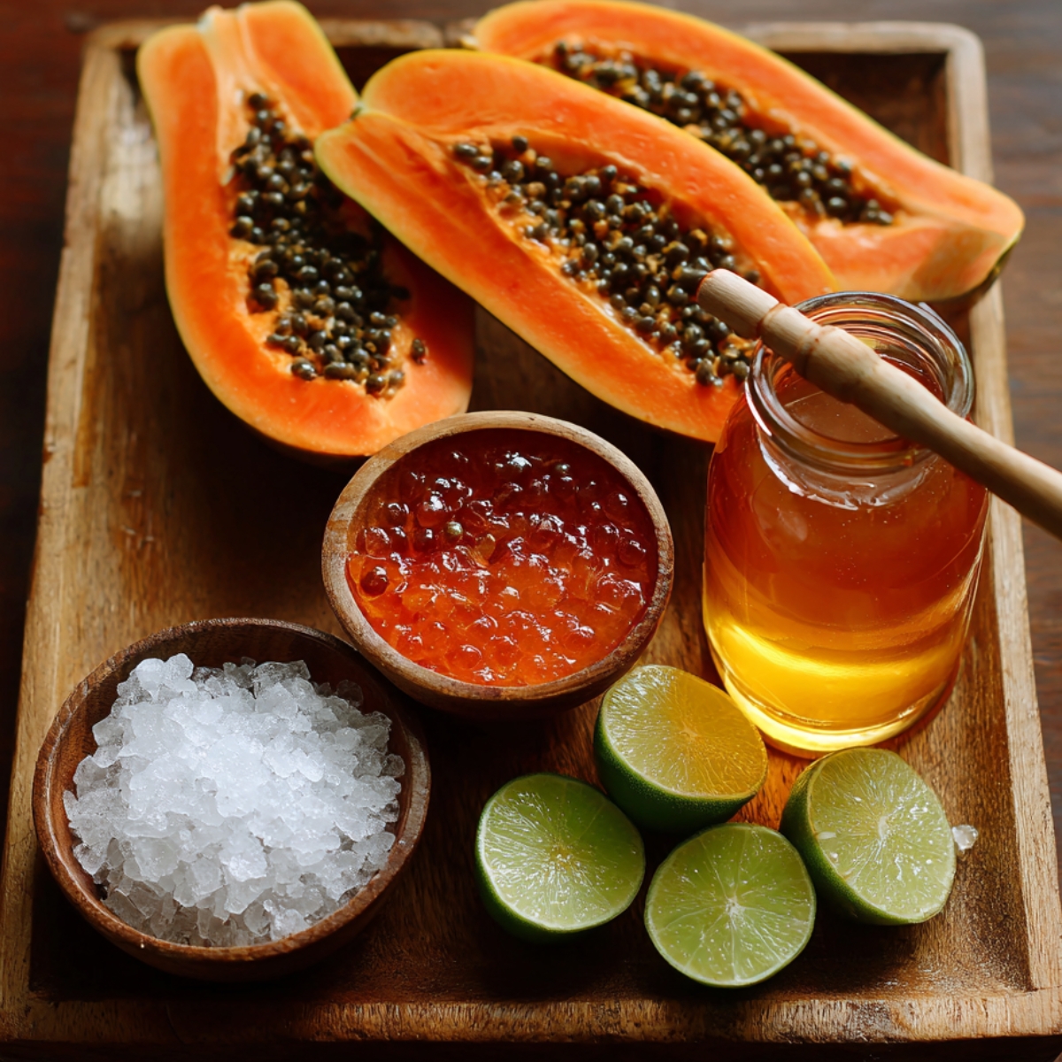 Wooden tray displaying halved papayas, lime halves, honey jar, coarse sugar, and small bowls of orange and red ingredients.