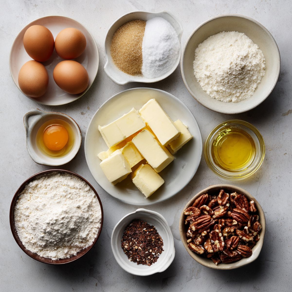 Ingredients for the cream cheese crust laid out on a surface, including butter, flour, eggs, and pecans, ready for preparation.