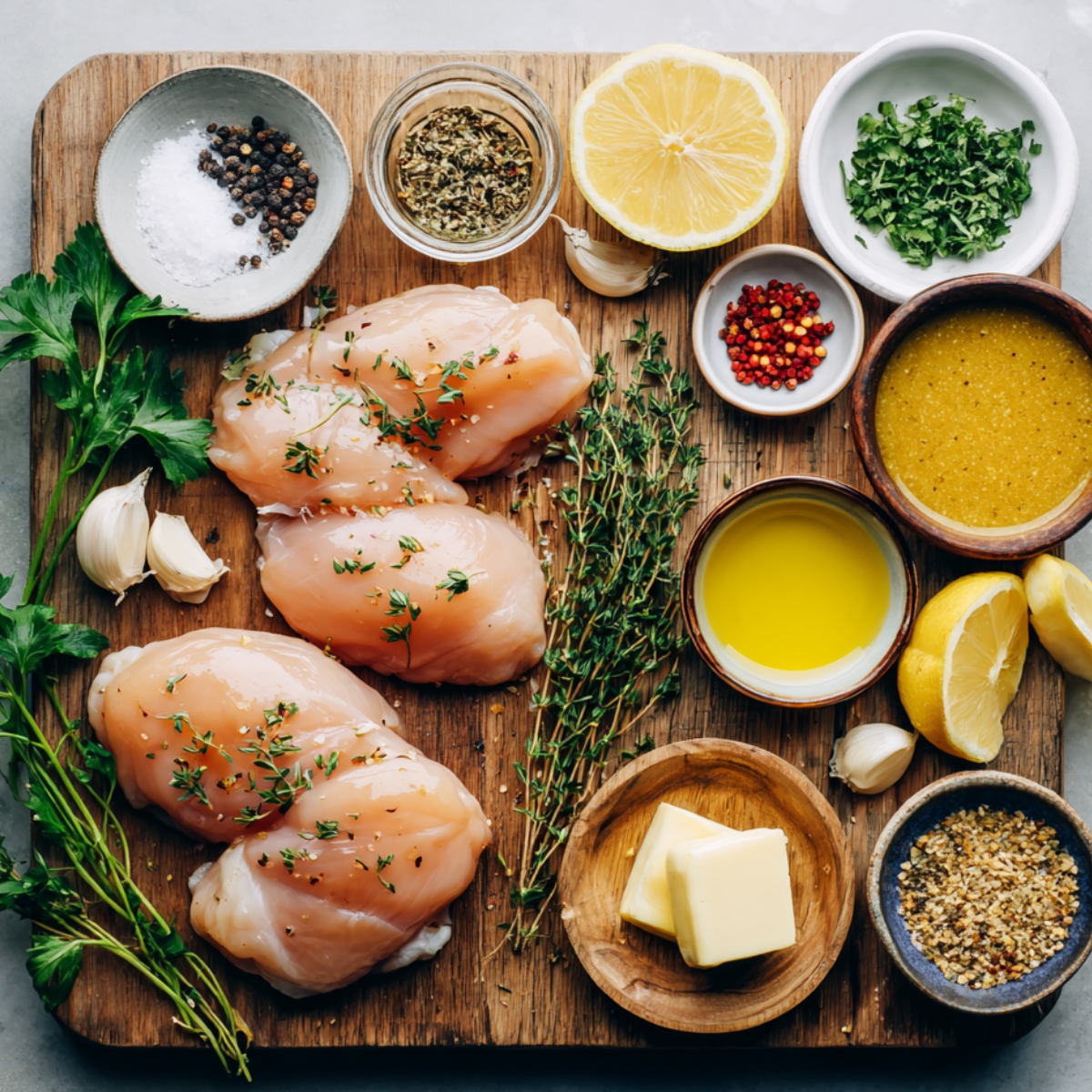 A neatly arranged display of ingredients for marinating chicken, including fresh herbs, garlic, spices, and oils for a rich flavor base
